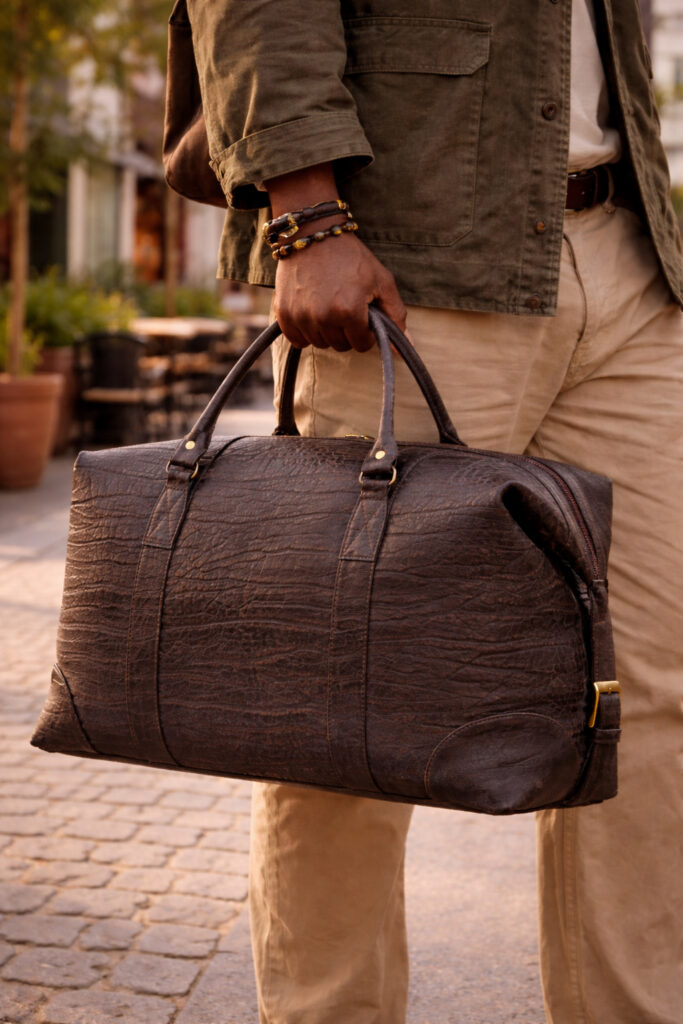 Man holding a dark brown buffalo hide leather togbag made by Oasis Tanning Company South Africa