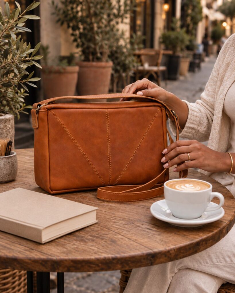Woman at a cafe table with a cognac tan leather crossbody handbag handcrafted by Oasis Tanning Company South Africa
