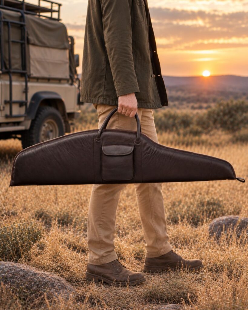 Hunter carrying a dark brown leather scoped rifle gun bag at sunset on the African bushveld made by Oasis Tanning Company South Africa
