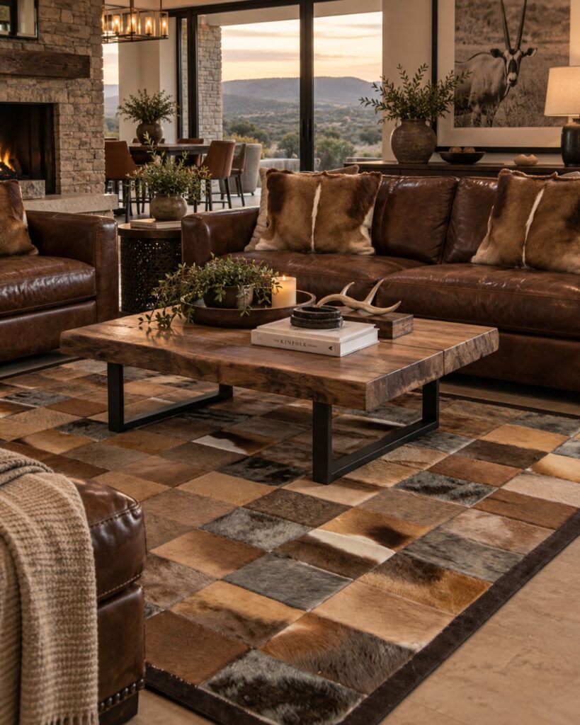 Luxury safari style living room featuring a mixed game skin patchwork carpet handcrafted by Oasis Tanning Company South Africa with game skin cushions on a leather sofa